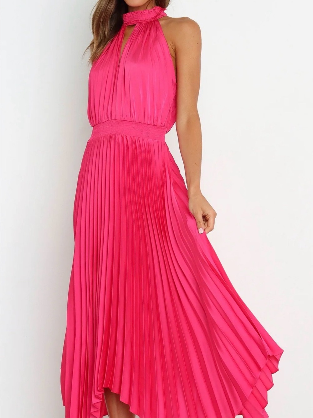 Petal & Pup Dominique Halter Pleated Midi Dress in Hot Pink